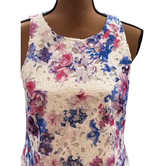 Gorgeous Tahari Floral Lace Overlay White & Purple Sheath Trapeze Dress – 6P - Picture 2 of 9